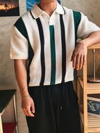 Mens Short Sleeve V Neck Striped Polo