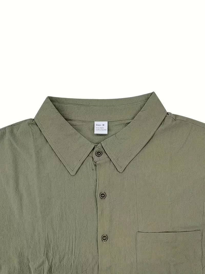 Mens Short Sleeve Linen Shirt Chest Pocket