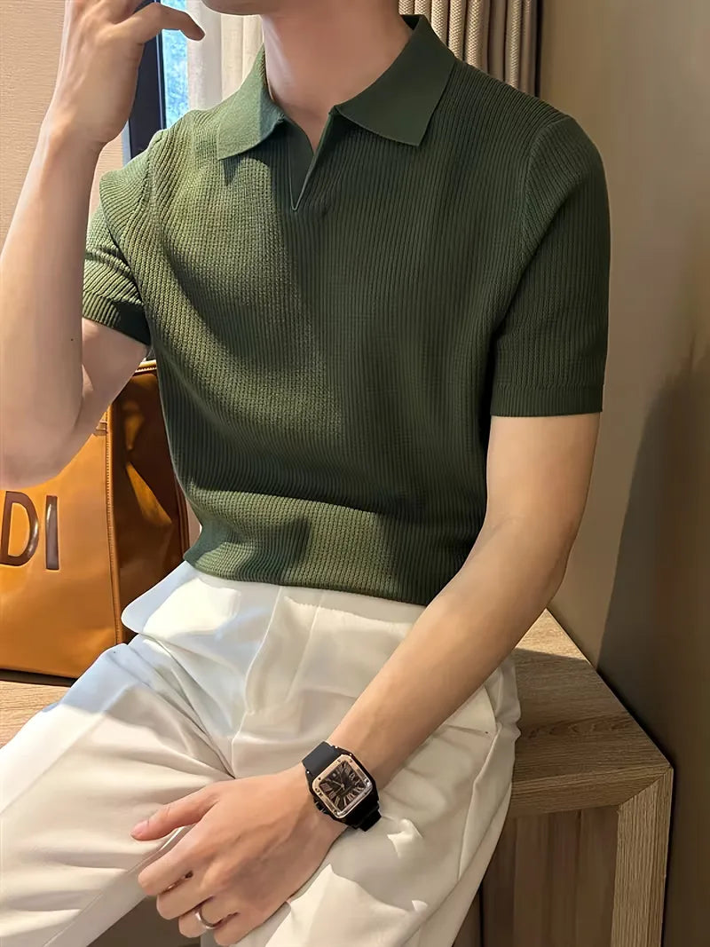 Mens V Neck Knitted Short Sleeve Polo