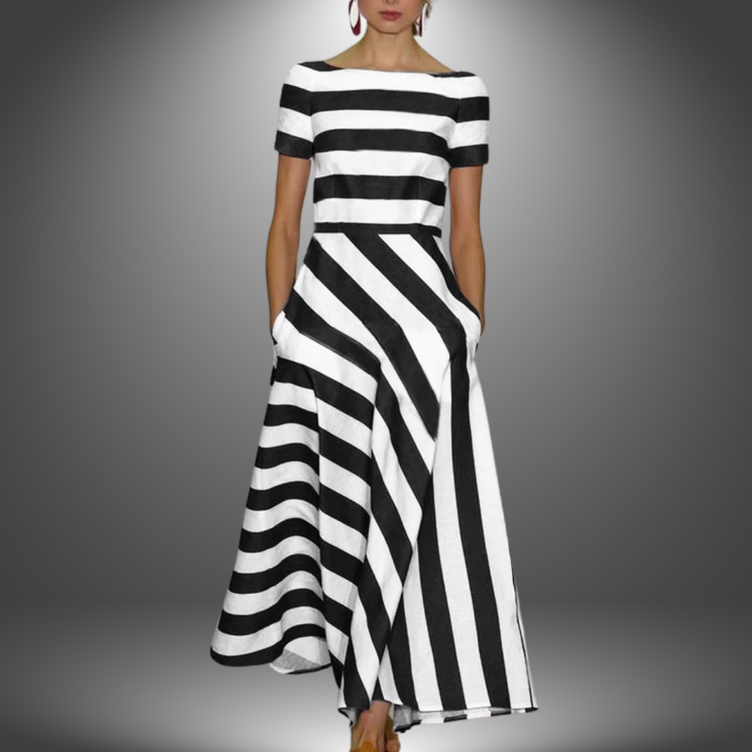 Striped Dress Boat Neck Short Sleeve A-Line Pockets