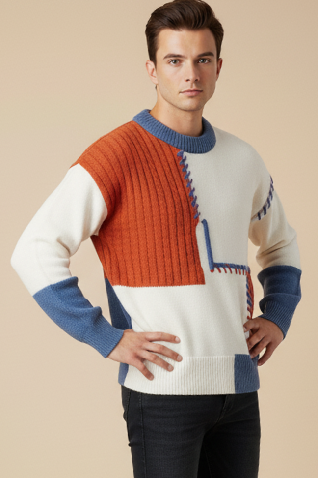 Fall Patchwork Knit Sweater — Textured Cable Stitch Pullover