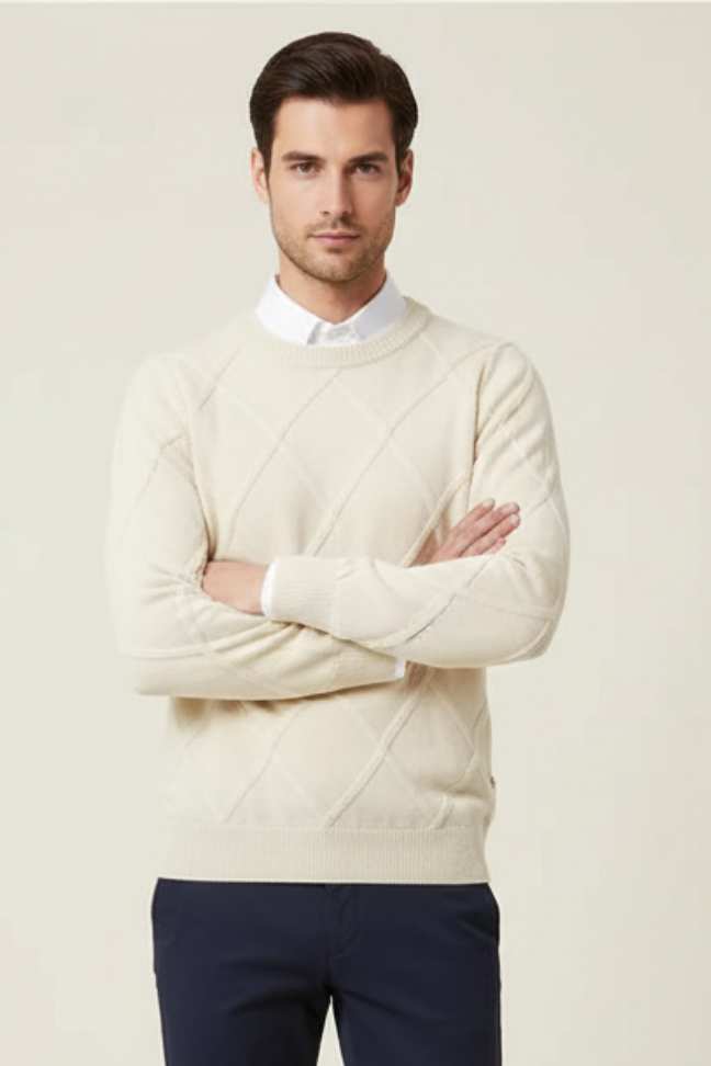 Fall Diamond Knit Cashmere Sweater — Classic Crew Neck Pullover for Layering