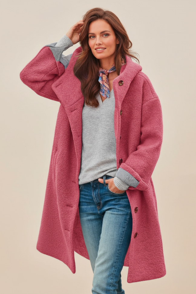 Fall Wool Blend Oversized Coat — Button-Front Hooded Outerwear