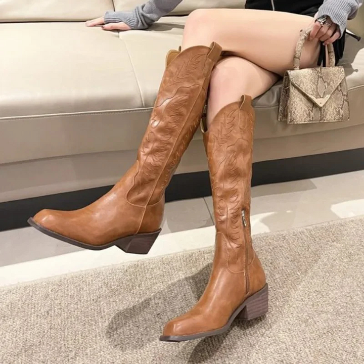 Knee High Western Cowboy Boots Block Heel Pointed Toe