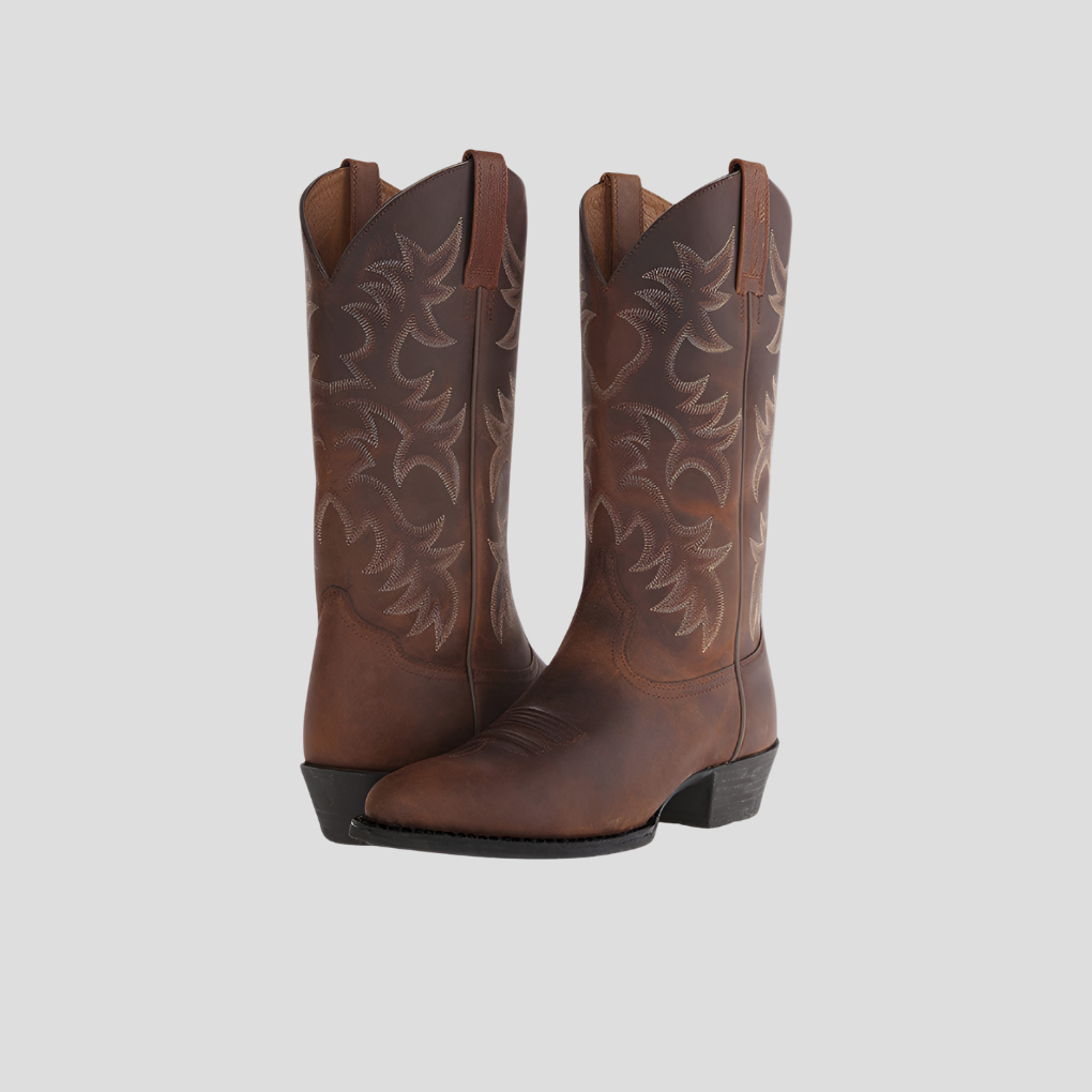 Western Cowboy Boots Block Heel Pointed Toe Leather