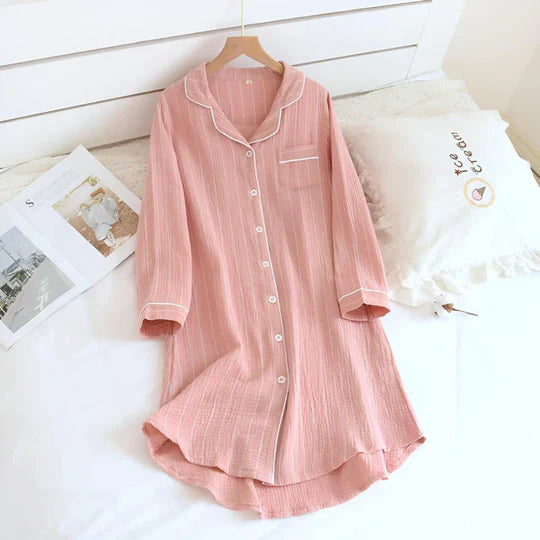 Cotton Gauze Nightgown Striped Knee Length Sleepwear