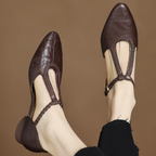 Leather Mary Jane Shoes Braided T-Strap Low Heel