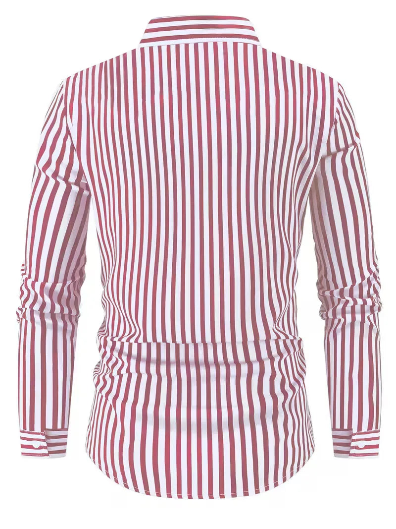 Mens Vertical Stripe Dress Shirt Mandarin Collar