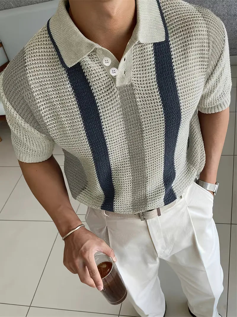 Mens Short Sleeve V Neck Striped Polo