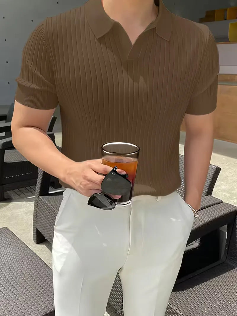 Mens V Neck Ribbed Texture Polo
