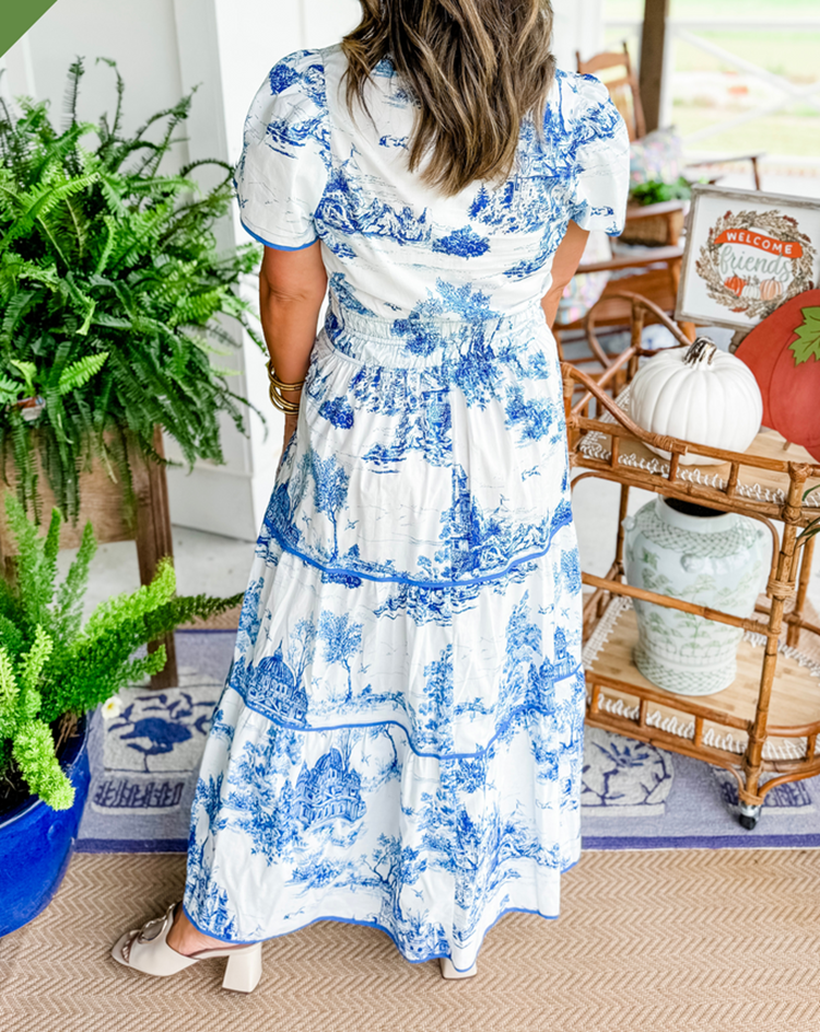Toile Print Maxi Dress Tiered Smocked Waist