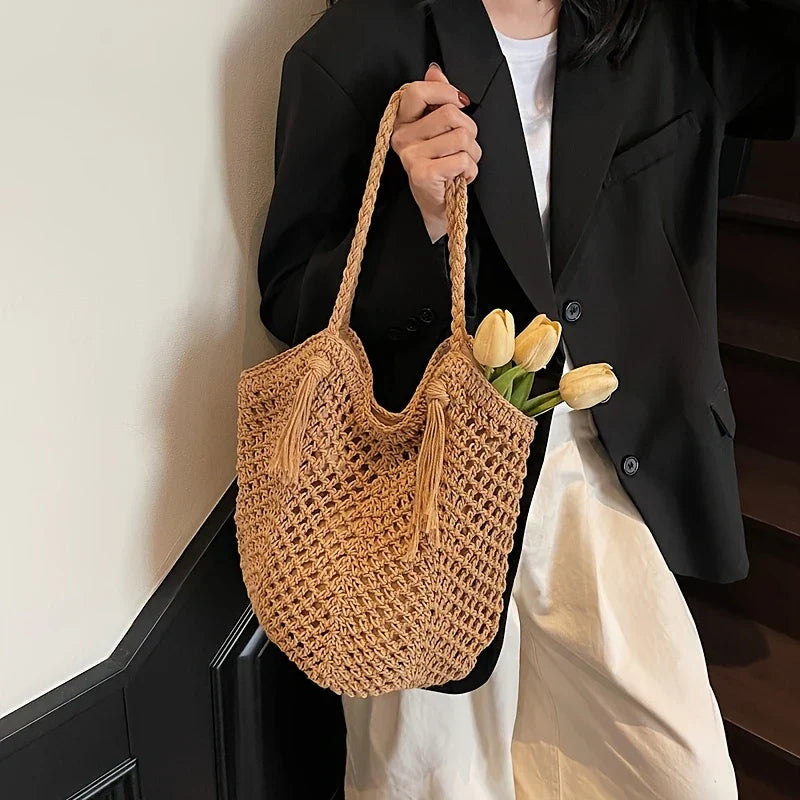 Womens Boho Shoulder Bag Woven Handles Two Color