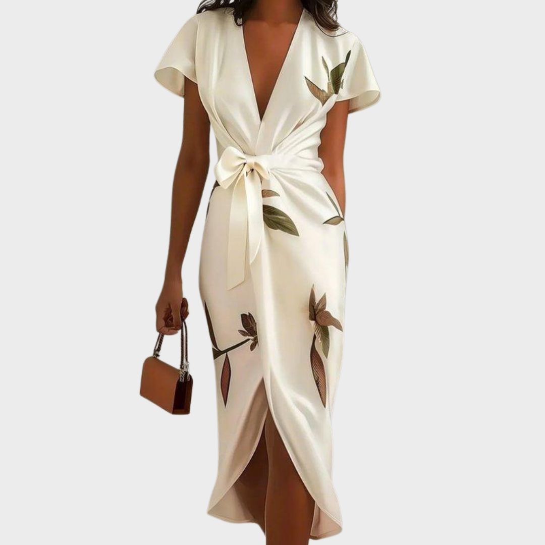 Wrap Dress V-Neck Flutter Sleeve Ribbon Belt Floral