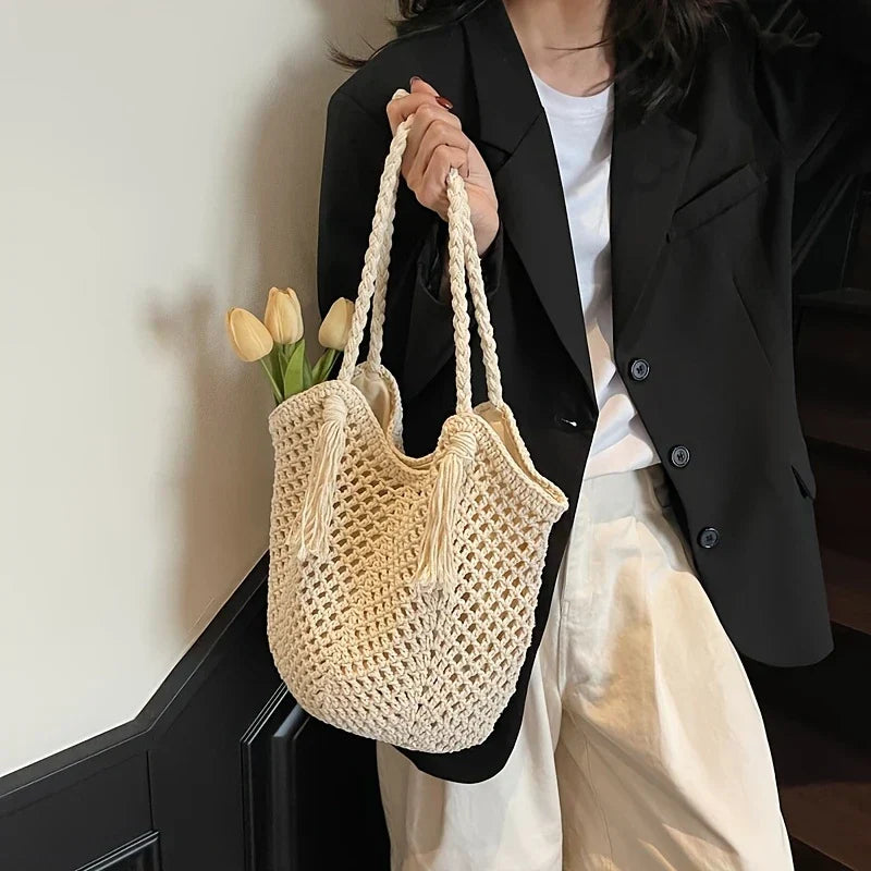 Womens Boho Shoulder Bag Woven Handles Two Color