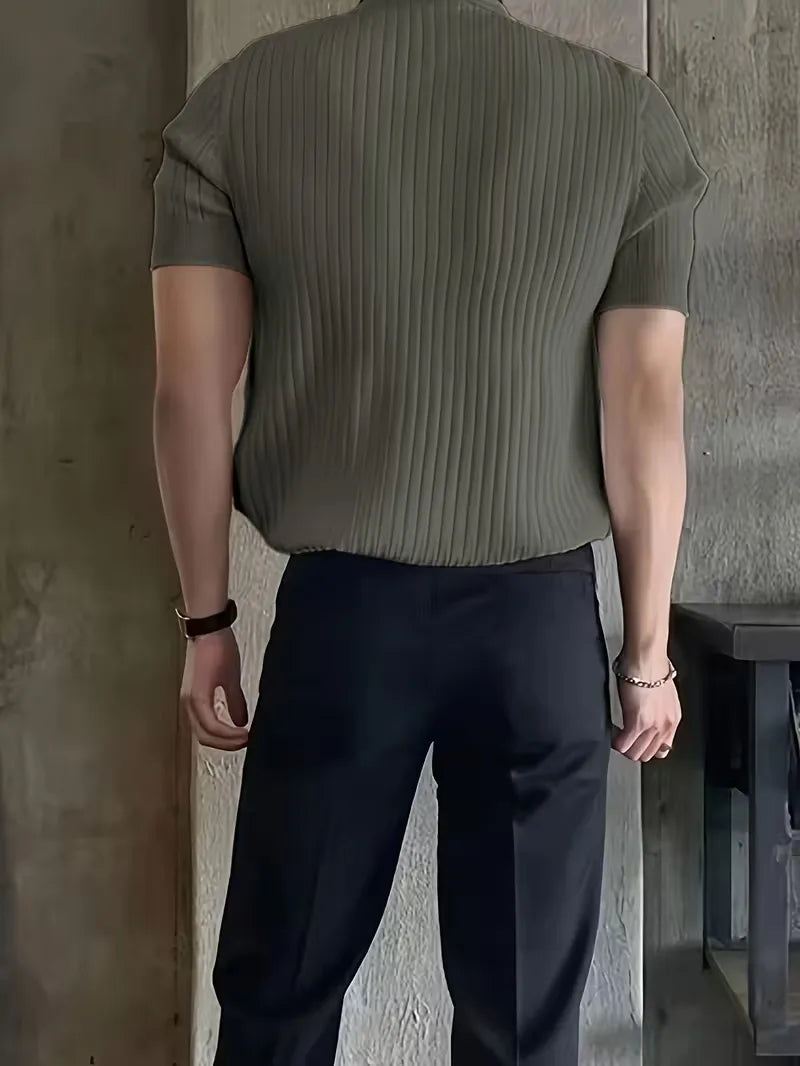 Mens V Neck Ribbed Texture Polo