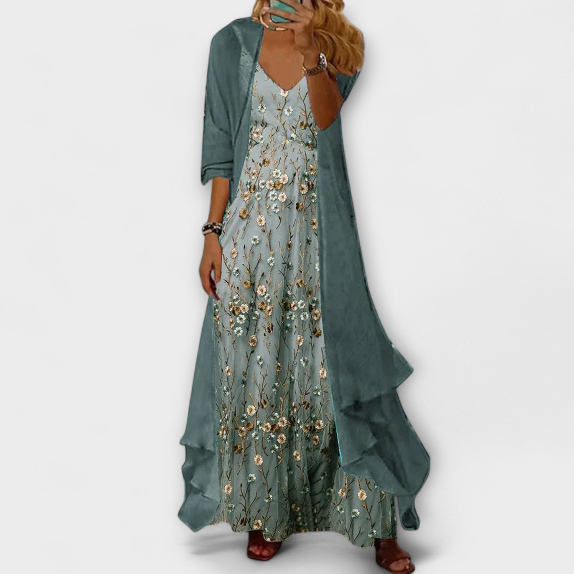 Womens Floral Layered Maxi Dress V Neck Two Color