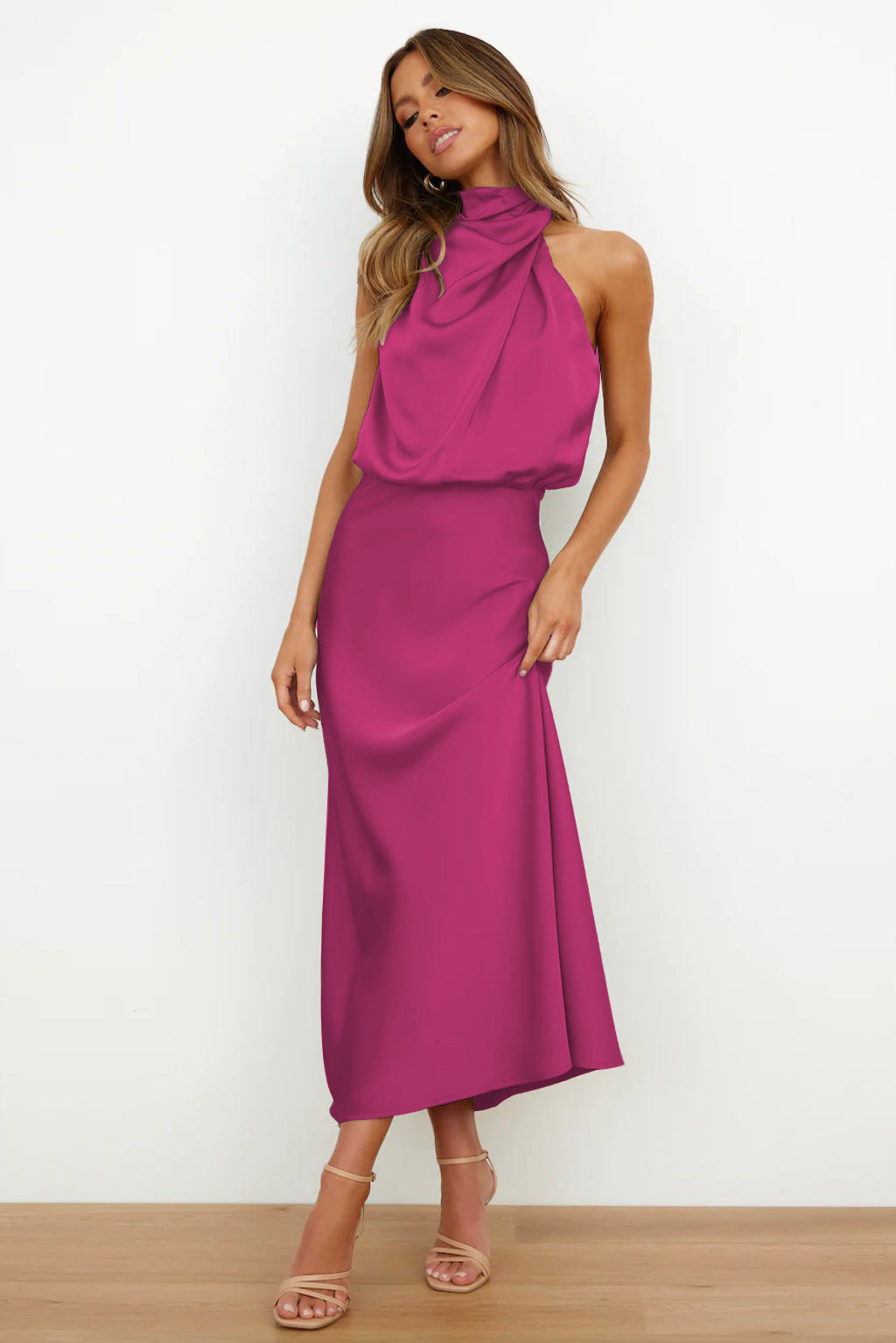 Womens Satin Halter Midi Dress