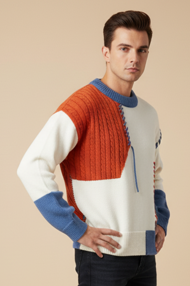 Fall Patchwork Knit Sweater — Textured Cable Stitch Pullover