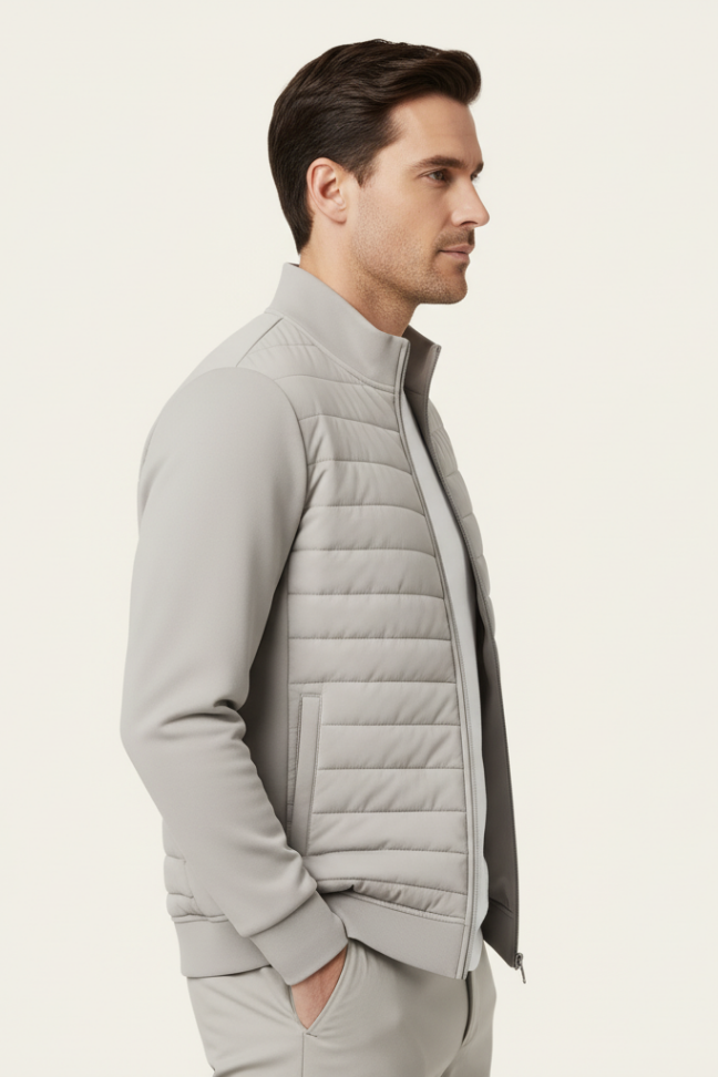 Fall Quilted Zip Jacket — Lightweight Padded Bomber with Ribbed Trim