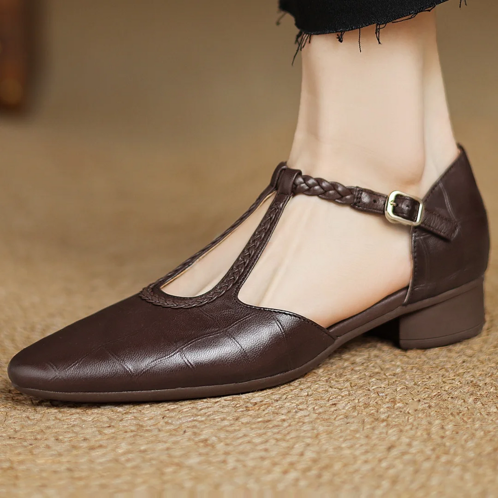 Leather Mary Jane Shoes Braided T-Strap Low Heel