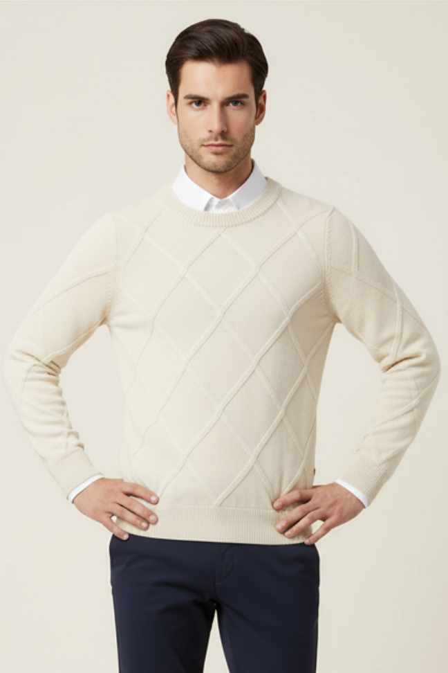 Fall Diamond Knit Cashmere Sweater — Classic Crew Neck Pullover for Layering