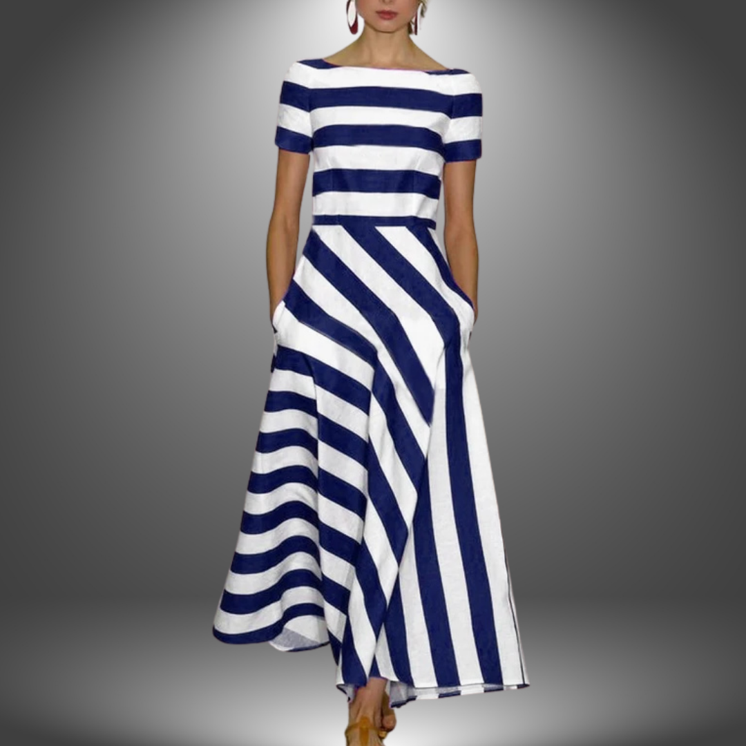 Striped Dress Boat Neck Short Sleeve A-Line Pockets