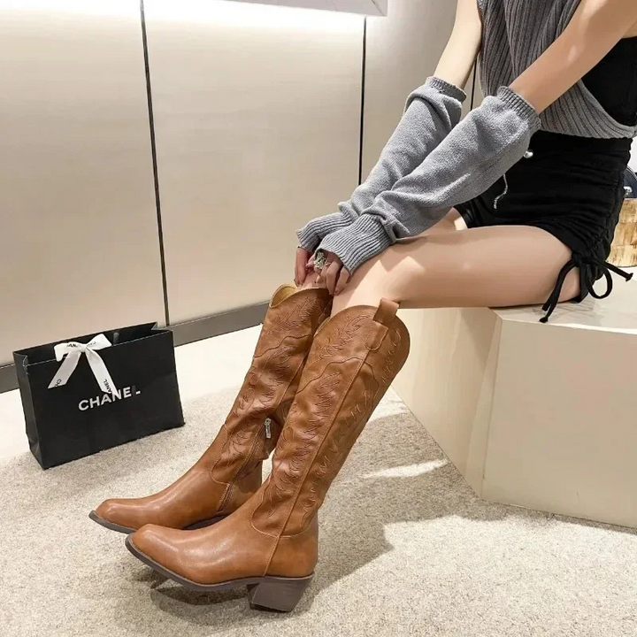 Knee High Western Cowboy Boots Block Heel Pointed Toe