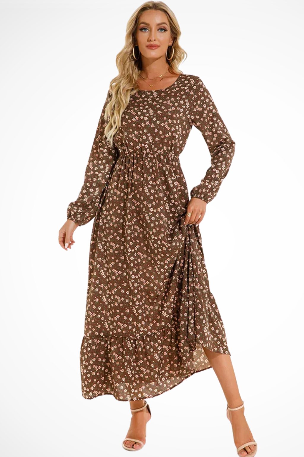 Womens Floral Maxi Summer Dress Long Sleeve Five Color