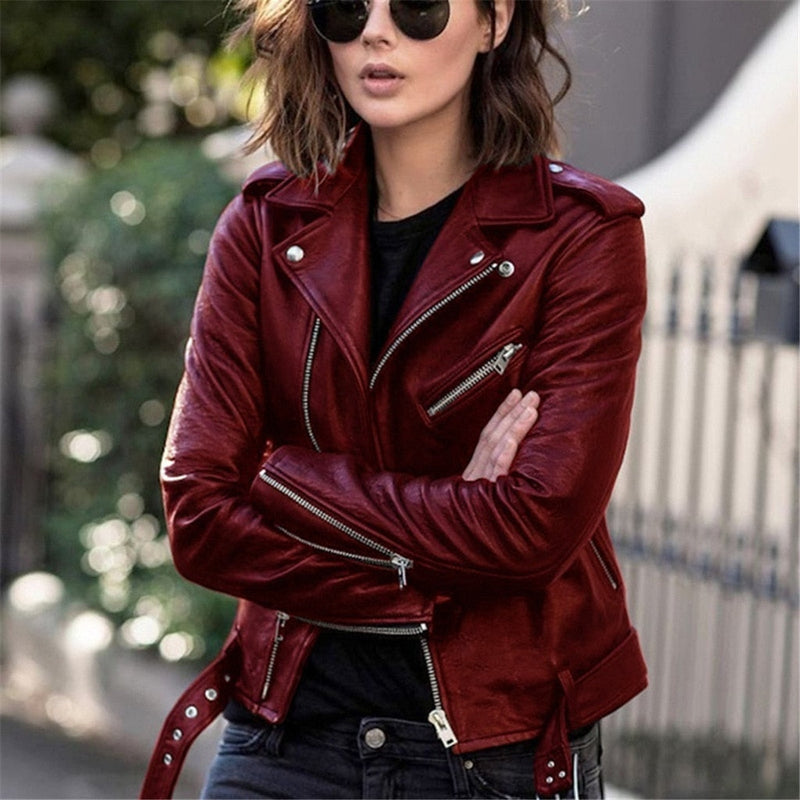 Motorcycle Jacket Faux Leather Biker Style Zip Up