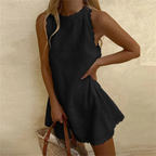 Womens Linen Summer Mini Dress Wavy Hem