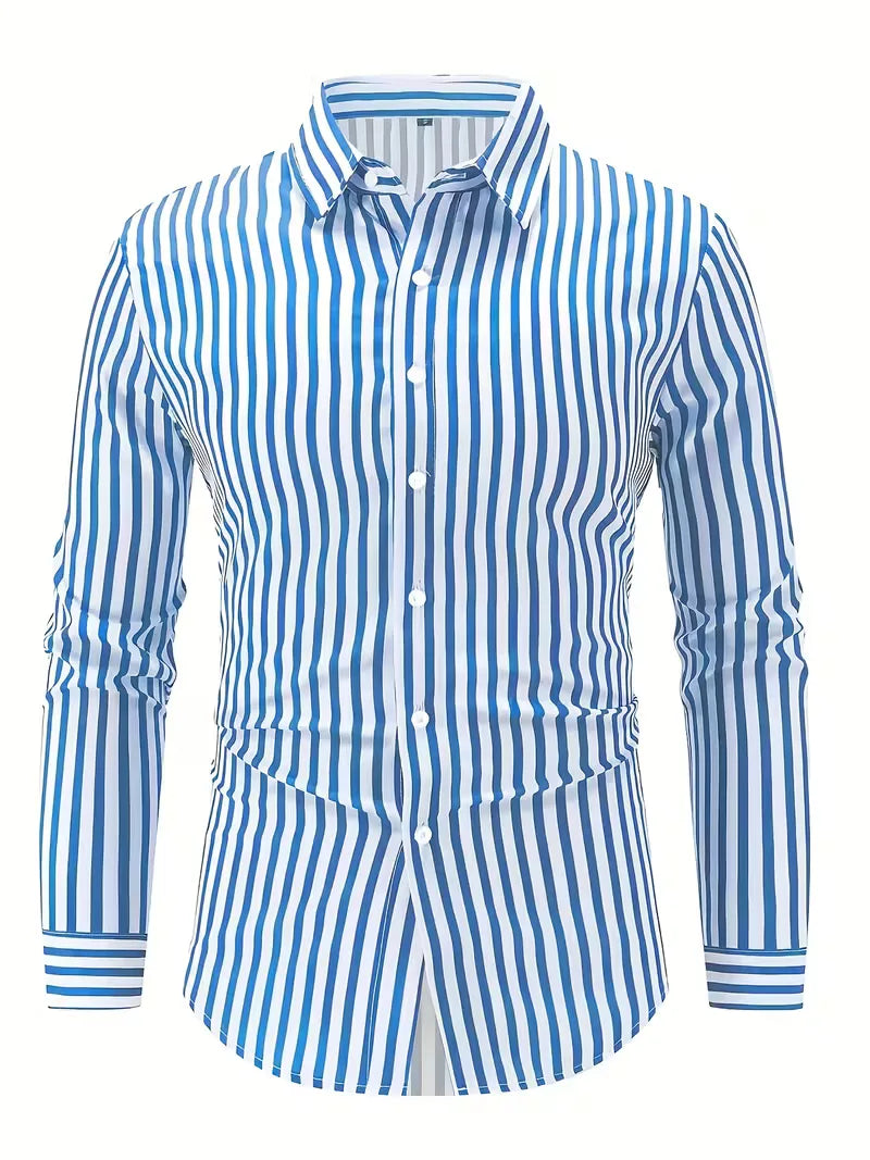 Mens Vertical Stripe Dress Shirt Mandarin Collar