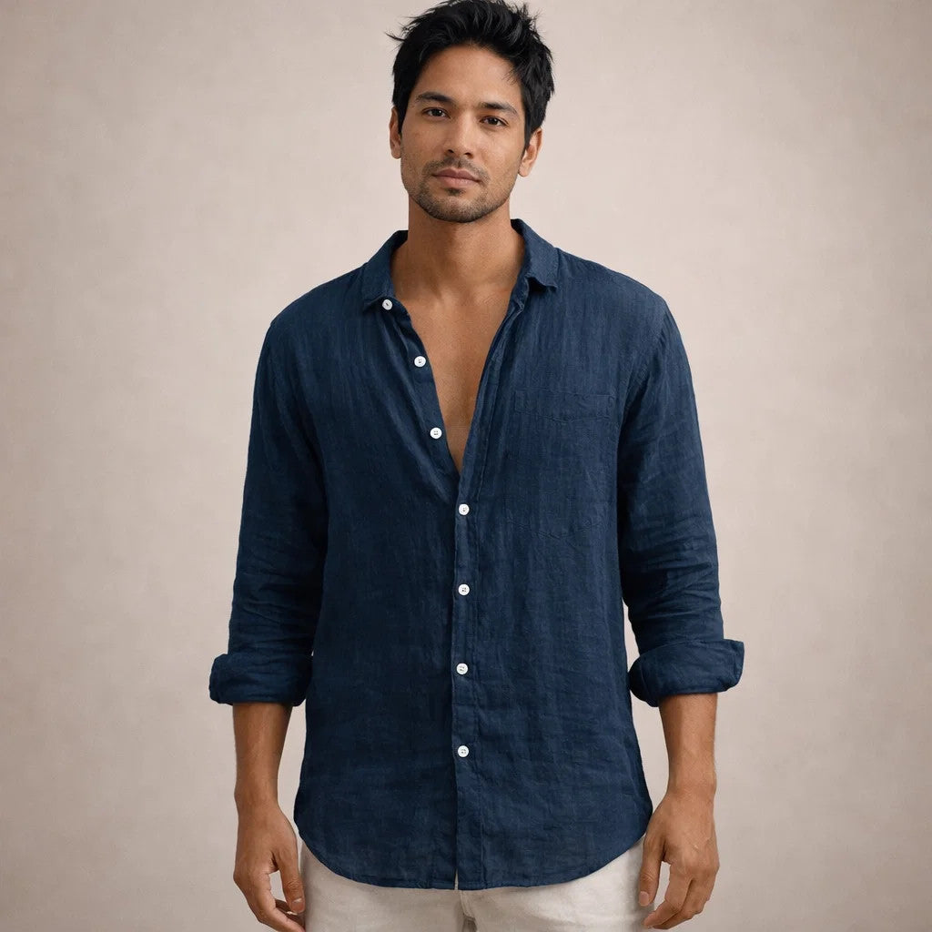 Mens Linen Shirt Open Collar Long Sleeve Regular Fit