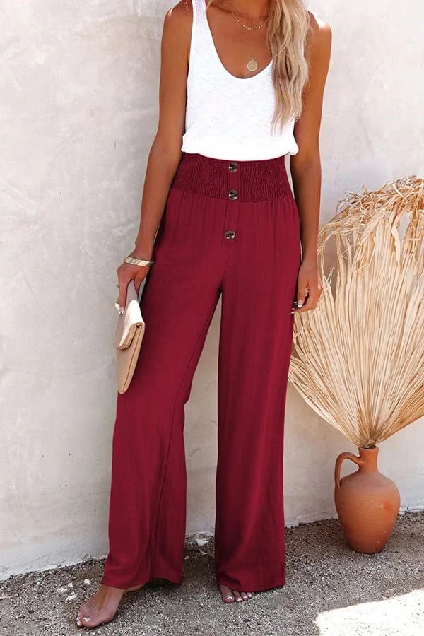 High Waist Trousers Smocked Waist