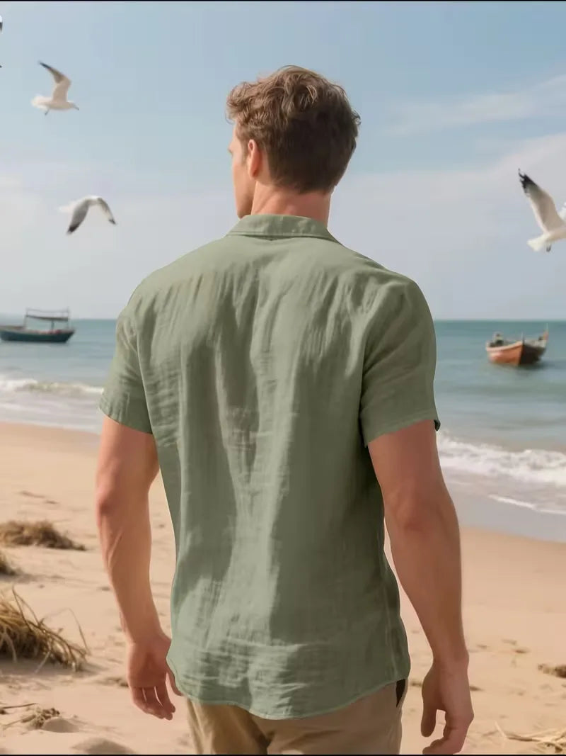 Mens Short Sleeve Linen Shirt Chest Pocket