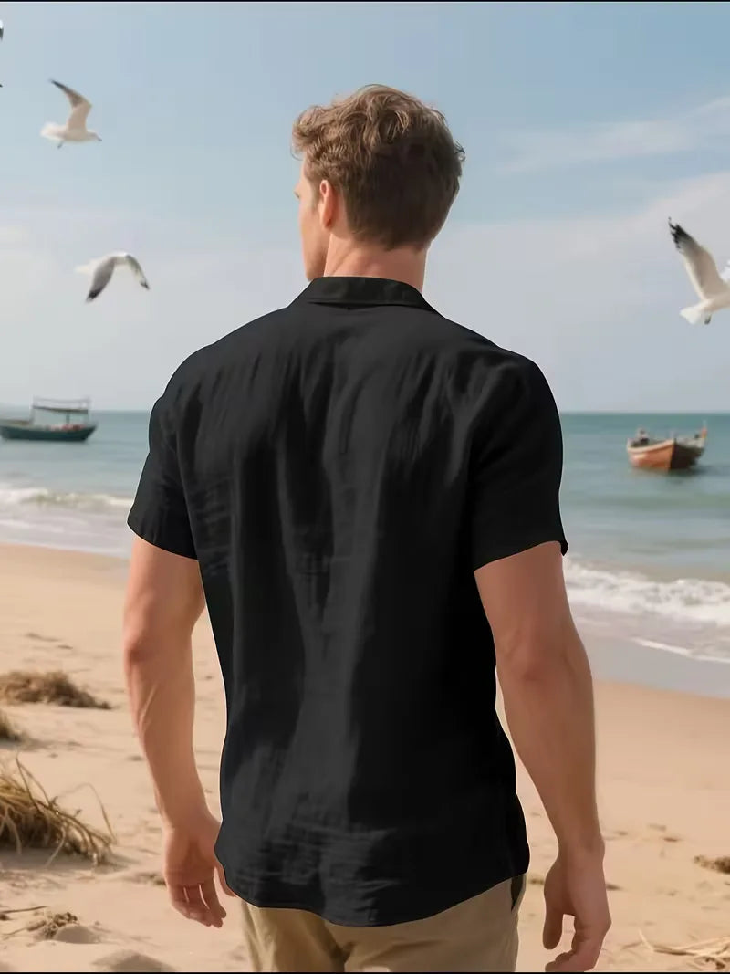 Mens Short Sleeve Linen Shirt Chest Pocket