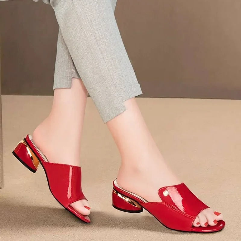 Glossy Slide Sandals Low Heel