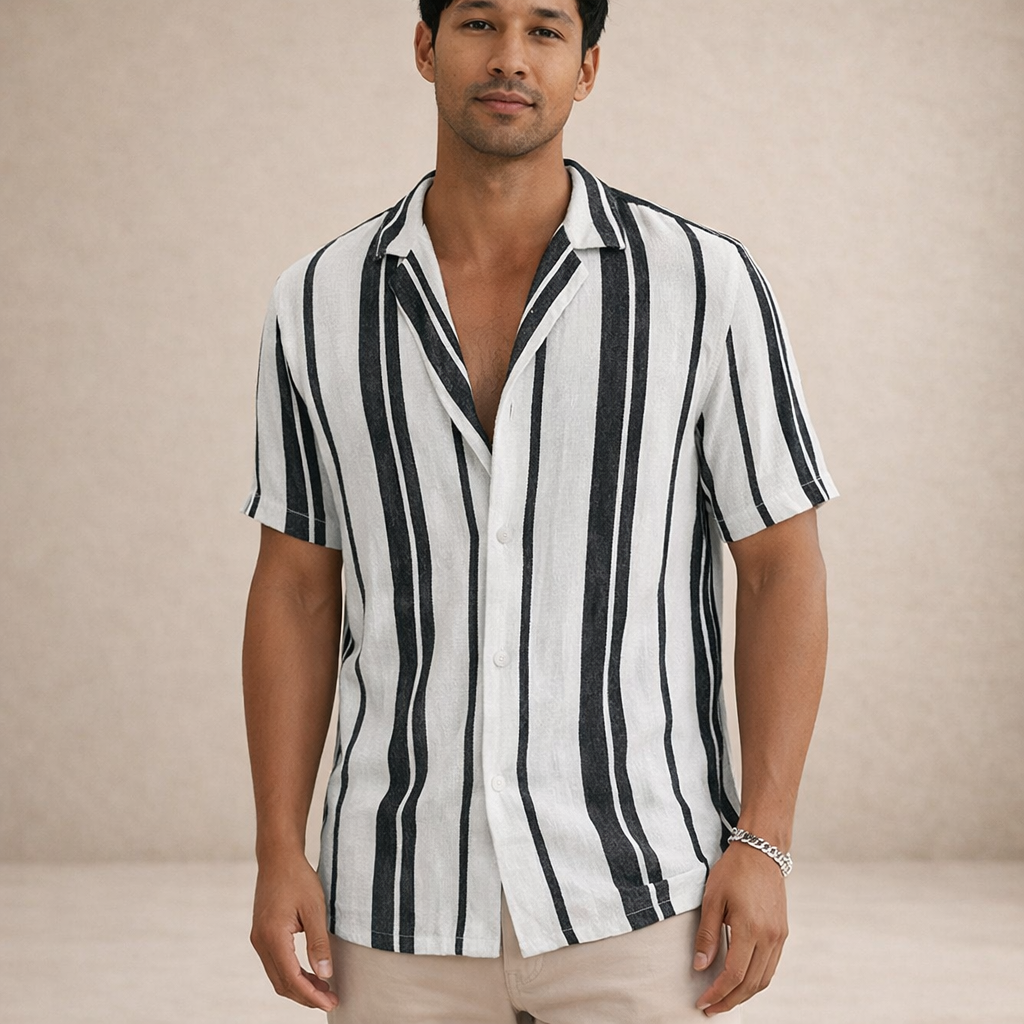 Mens Linen Shirt Striped Long Sleeve Regular Fit