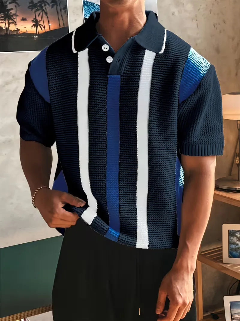 Mens Short Sleeve V Neck Striped Polo