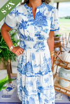Toile Print Maxi Dress Tiered Smocked Waist