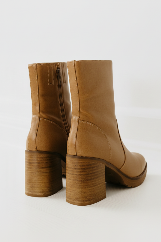 Fall Leather Block Heel Ankle Boots — Tan Square Toe Zip-Up Design