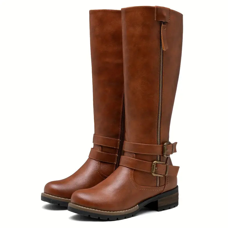 Tall Leather Boots Knee High Block Heel Round Toe Elegant