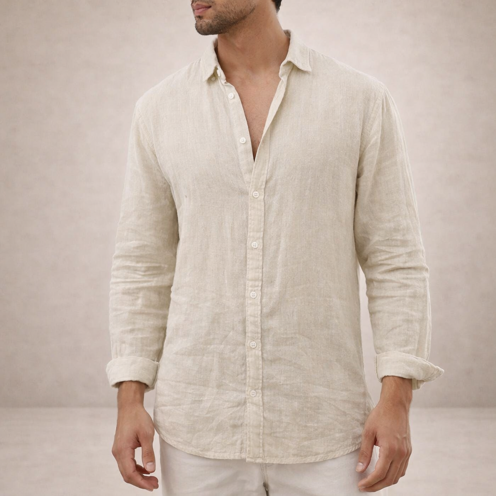 Mens Linen Shirt Open Collar Long Sleeve Regular Fit