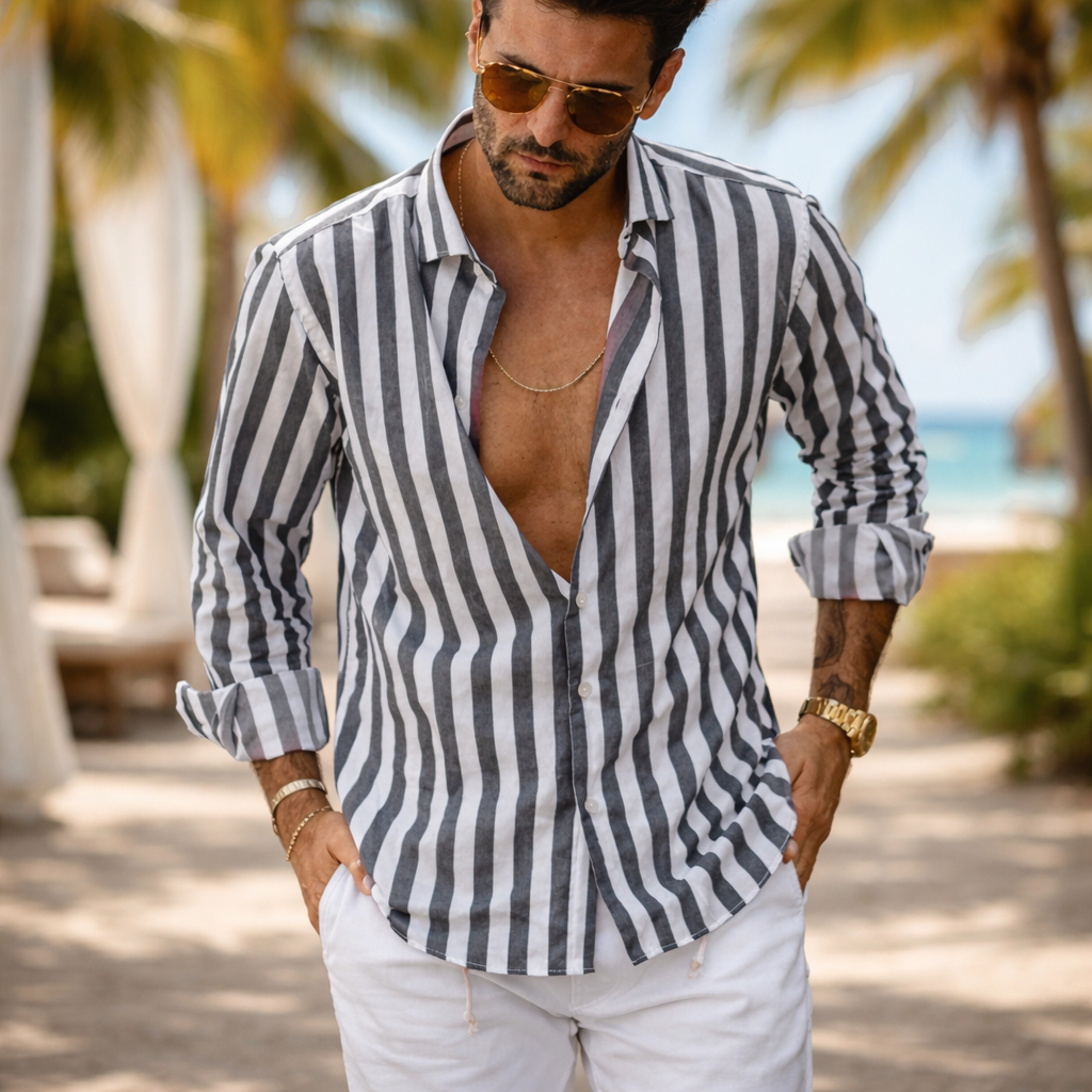 Mens Striped Shirt Slim Fit Long Sleeve Five Color