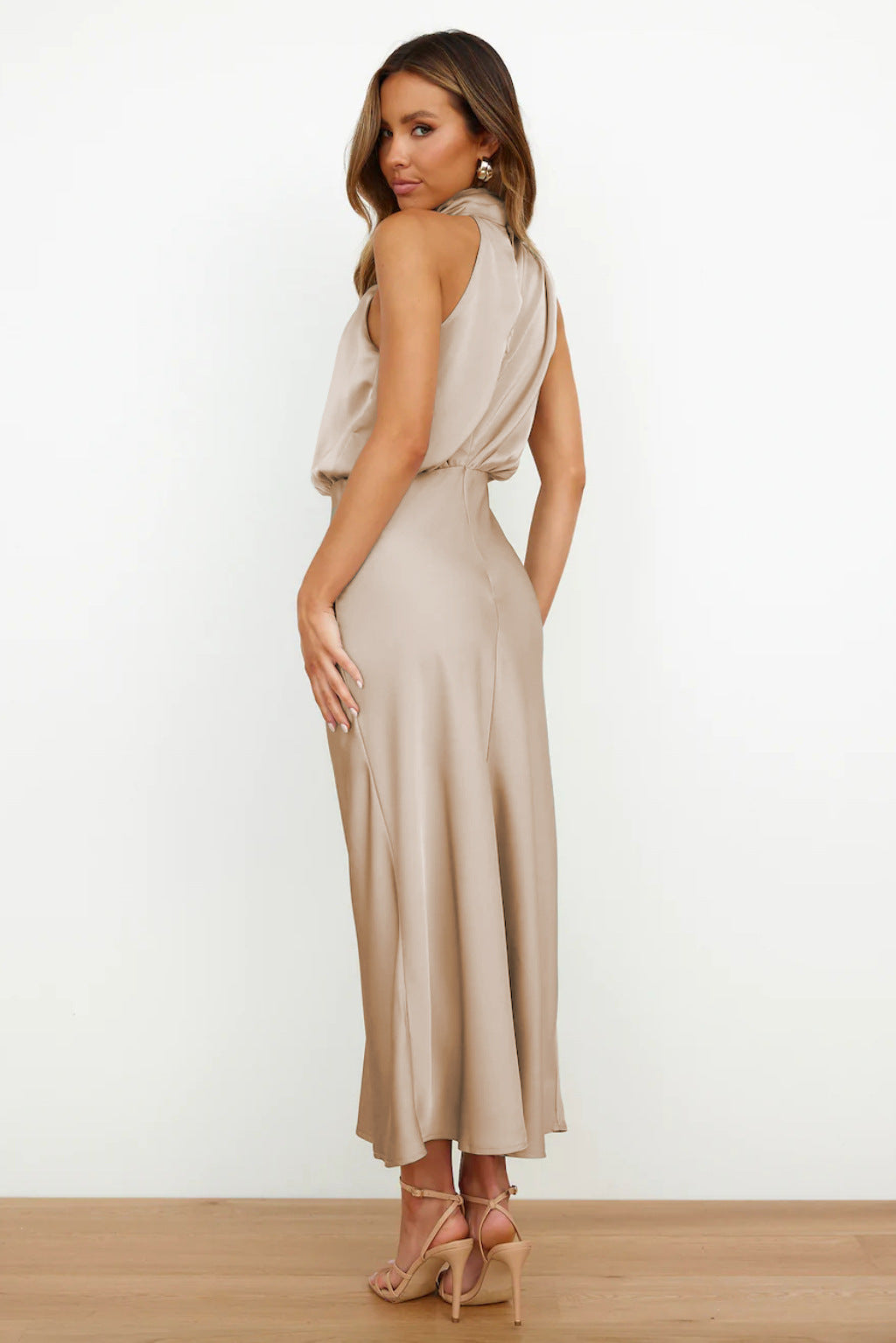 Womens Satin Halter Midi Dress
