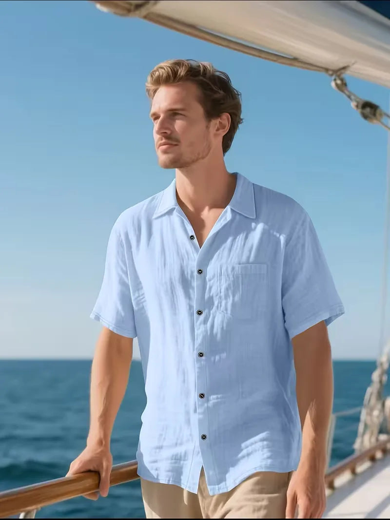 Mens Short Sleeve Linen Shirt Chest Pocket