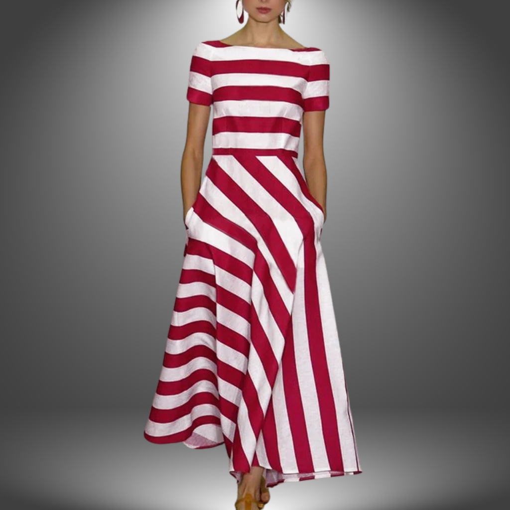 Striped Dress Boat Neck Short Sleeve A-Line Pockets
