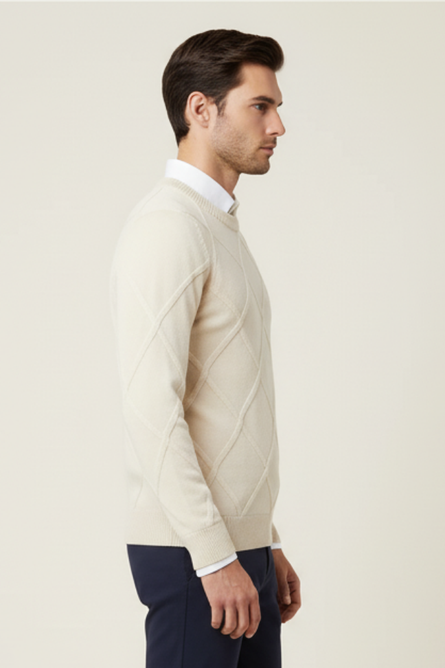 Fall Diamond Knit Cashmere Sweater — Classic Crew Neck Pullover for Layering