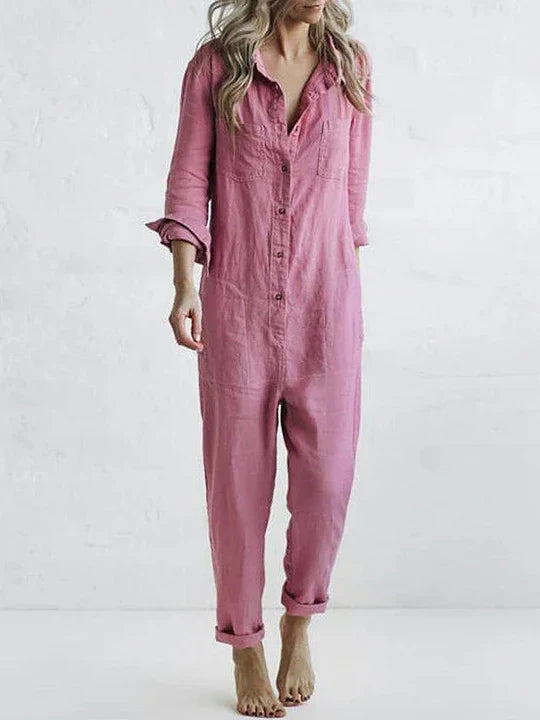 Cotton Linen Jumpsuit Button Front Pockets Vintage