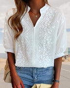 V-Neck Puff Sleeve Blouse Lightweight