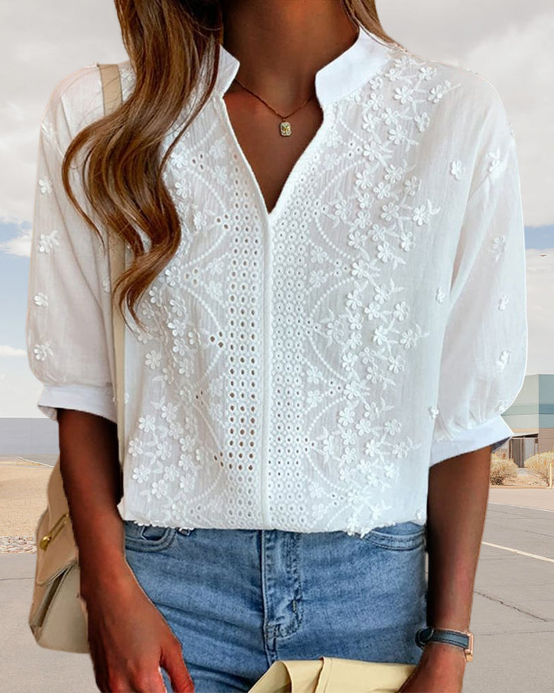 V-Neck Puff Sleeve Blouse Lightweight